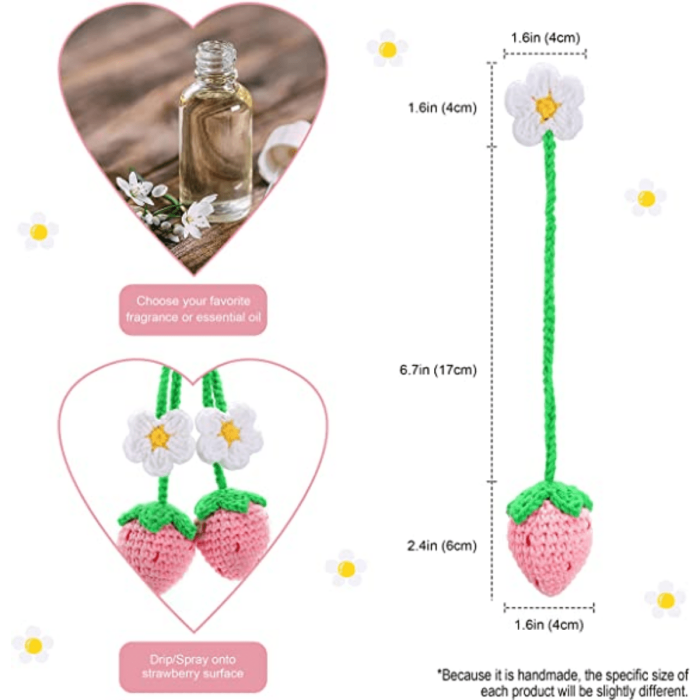Cute Strawberry Crochet Car Mirror Hanging Accessories Decor Car Rearview Charms Decorations, Handmade Knitted Rear View Mirror Pendant Ornament
