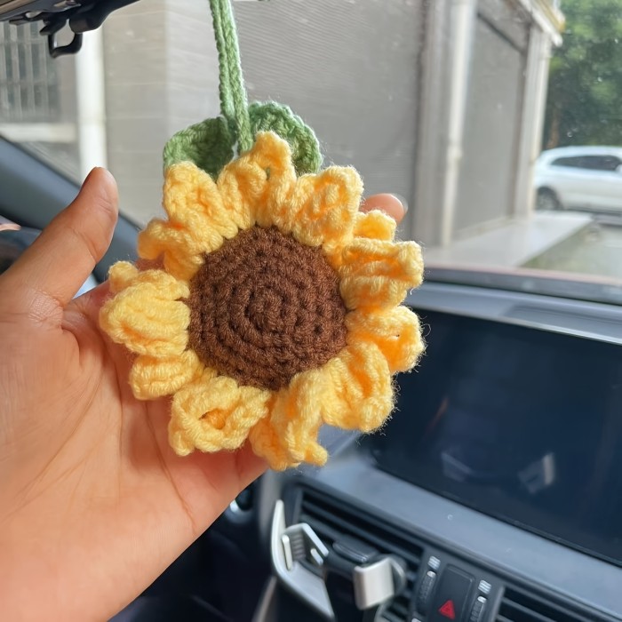 Pure Hand-knitted Knitted Sunflower, Lemon, Mushroom, Small Daisy, Tulip, Rose Flowers Car Pendant Rearview Mirror Car Decoration
