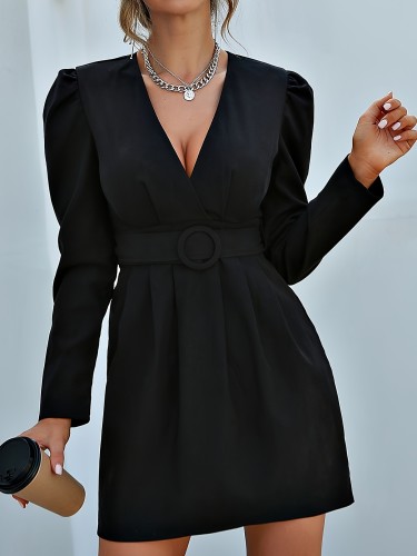 Women'S Sexy V-Neck Long Sleeve Dress with Tie-Waist Cinching, Slimming Fit and Flare Knit Polyester A-Line Short Skirt, All-Season Solid Color with Zipper Detail