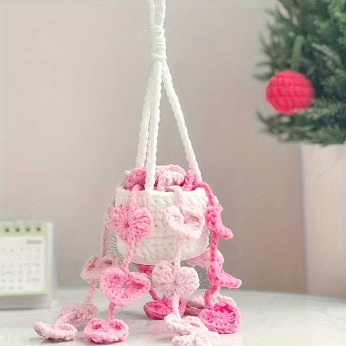 Charming Handmade Crochet Plant Car Mirror Charm - Rearview Accessory for Vehicle Decor