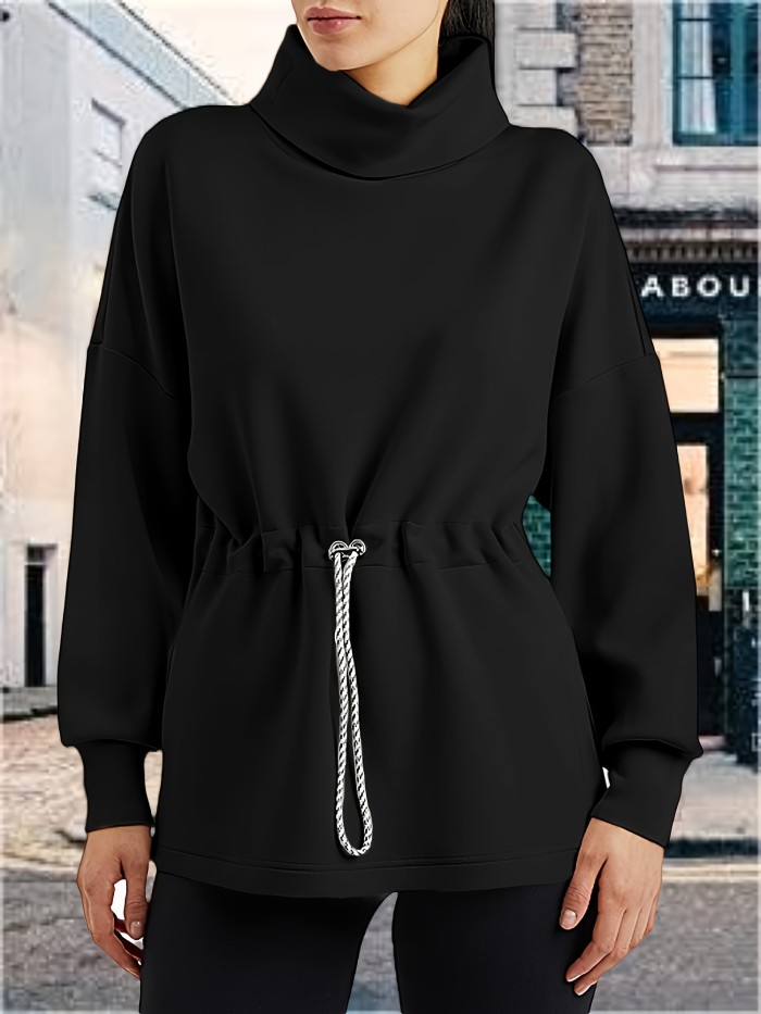 Women's Turtleneck Sweatshirts Long Sleeve Pullover Tops Side Slit Tunic Shirts With Drawstring Waist
