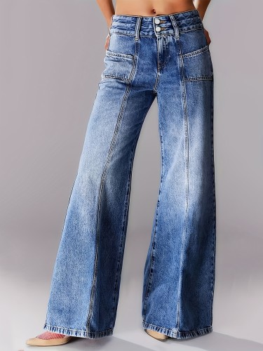 Elegant Mid-Rise Wide-Leg Jeans with Double Button Detail - Stretch Denim, Machine Washable - Perfect for All Seasons, Seam Details
