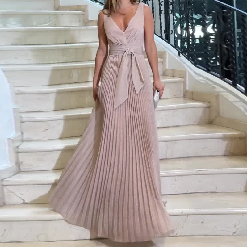 Fashionable and Elegant Solid Color V-Neck High Waist Pleated Party Sleeveless Dress
