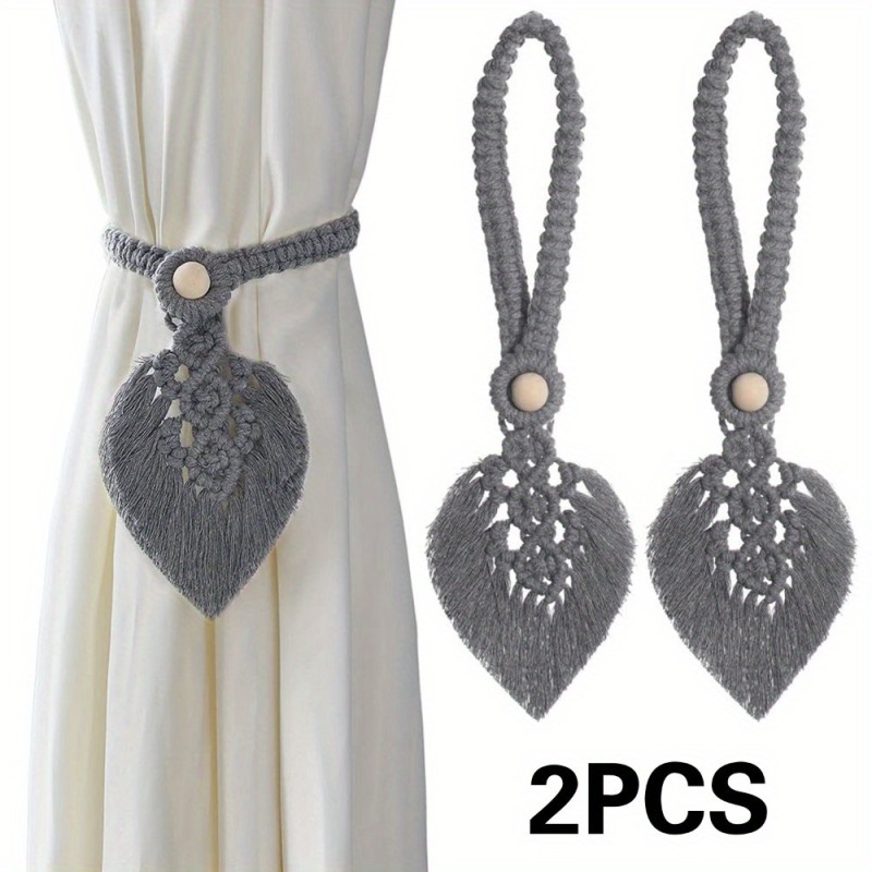 Bohemian style curtain tie, leaf pattern tassel, adjustable retro wood bead decoration, Bohemian chic curtain, suitable for bedroom, living room, kitchen, 2-piece set