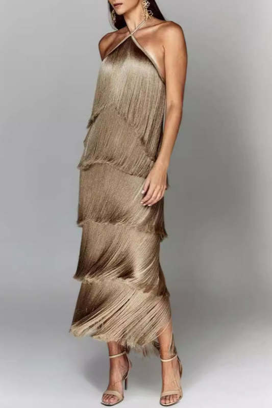 Sexy Fringed Trim Backless Halter Sleeveless Dresses(4 Colors)