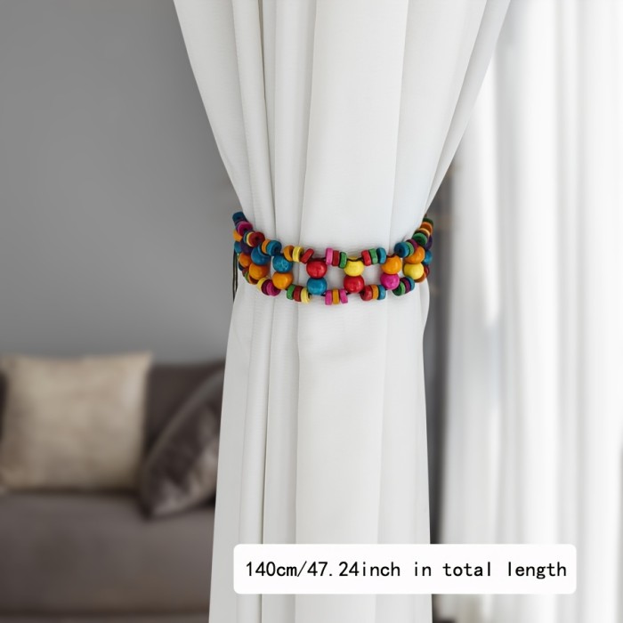 2pcs Boho Chic Wooden Bead Curtain Tiebacks - Colorful, No-Tie Window Decor for Living Room & Bedroom, Curtains for Living Room