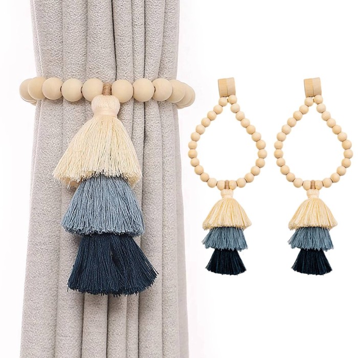 2pcs Boho Style Wooden Bead Curtain Tiebacks with Tassels, Magnetic Buckle for Home Living Room Bedroom Window Treatment Decor