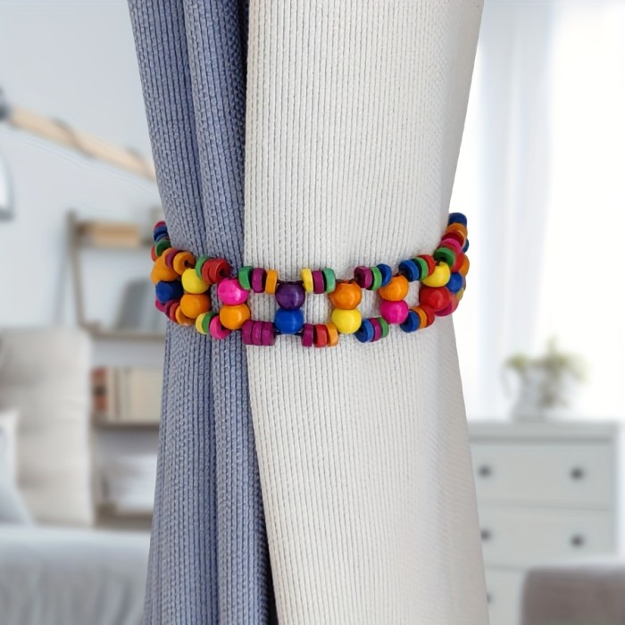 2pcs Boho Chic Wooden Bead Curtain Tiebacks - Colorful, No-Tie Window Decor for Living Room & Bedroom, Curtains for Living Room