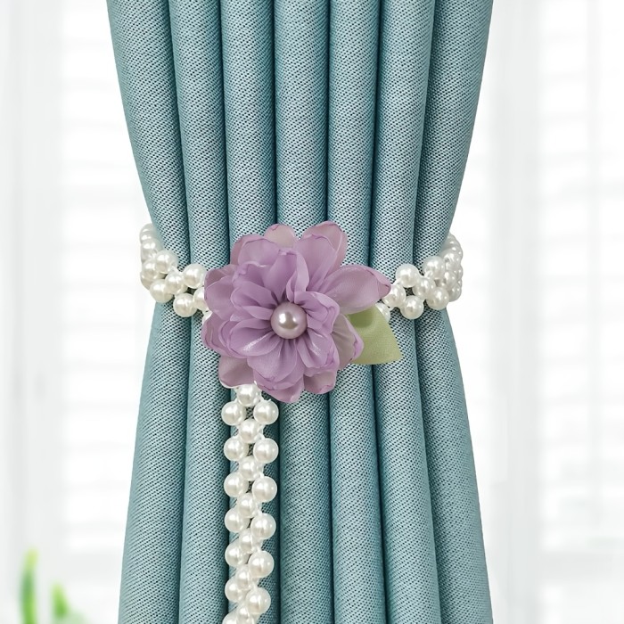 2pcs Boho Style Polyester Curtain Tiebacks, Multicolor Floral and Bead Design, No-Tie Window Drapery Accessories for Living Room and Bedroom