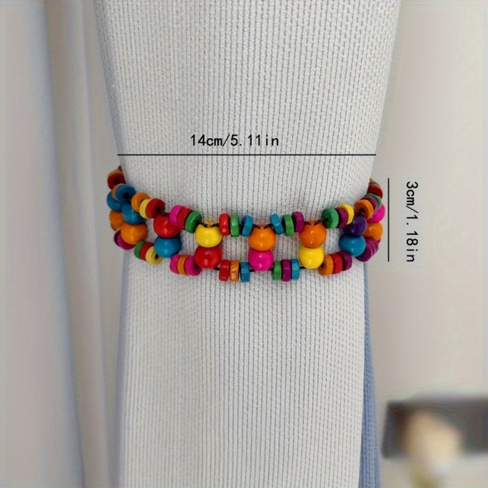 2pcs Boho Chic Wooden Bead Curtain Tiebacks - Colorful, No-Tie Window Decor for Living Room & Bedroom, Curtains for Living Room