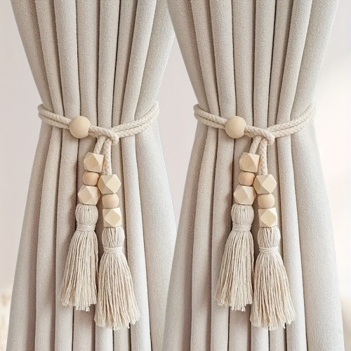 2pcs Boho Chic Wooden Bead Curtain Tiebacks with Tassels - Perfect for Living Room, Bedroom, Kitchen Home Decor