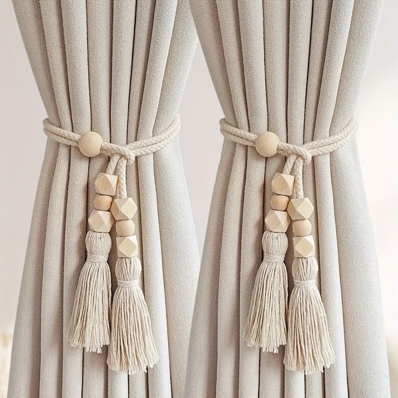 2pcs Boho Chic Wooden Bead Curtain Tiebacks with Tassels - Perfect for Living Room, Bedroom, Kitchen Home Decor