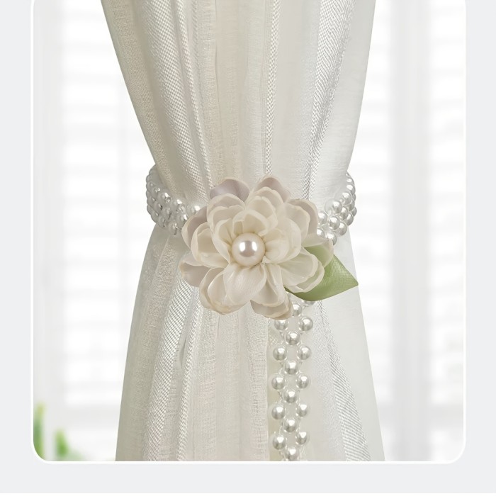 2pcs Boho Style Polyester Curtain Tiebacks, Multicolor Floral and Bead Design, No-Tie Window Drapery Accessories for Living Room and Bedroom