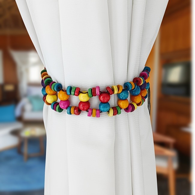 2pcs Boho Chic Wooden Bead Curtain Tiebacks - Colorful, No-Tie Window Decor for Living Room & Bedroom, Curtains for Living Room