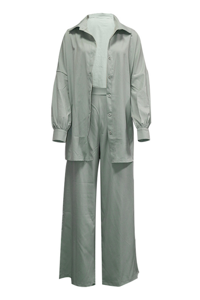 Elegant Solid Buckle Shirt Collar Long Sleeve Two Pieces(3 Colors)