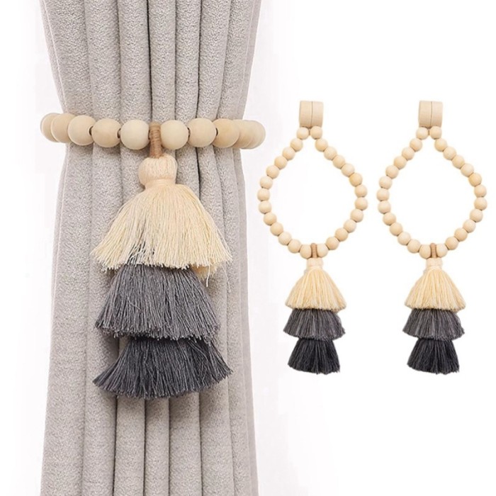 2pcs Boho Style Wooden Bead Curtain Tiebacks with Tassels, Magnetic Buckle for Home Living Room Bedroom Window Treatment Decor