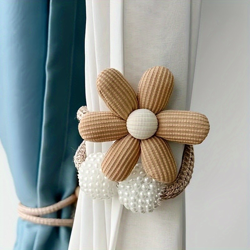 Elegant Faux Pearl Flower Curtain Tiebacks, Set of 2 - Vintage Style Window Holdbacks for Living Room & Office Decor