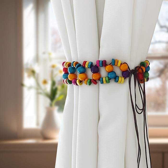 2pcs Boho Chic Wooden Bead Curtain Tiebacks - Colorful, No-Tie Window Decor for Living Room & Bedroom, Curtains for Living Room