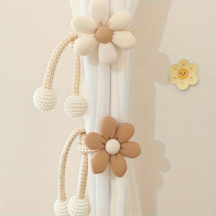 Elegant Faux Pearl Flower Curtain Tiebacks, Set of 2 - Vintage Style Window Holdbacks for Living Room & Office Decor