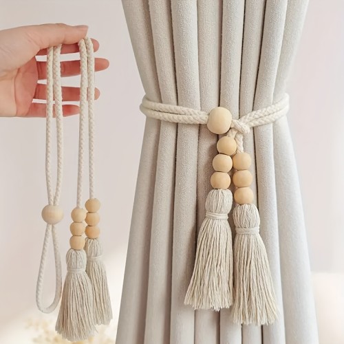 2-Pack Boho Style Curtain Tiebacks with Tassels, Wooden Bead Window Drapery Holdbacks, Home Decor for Living Room, Bedroom, Kitchen