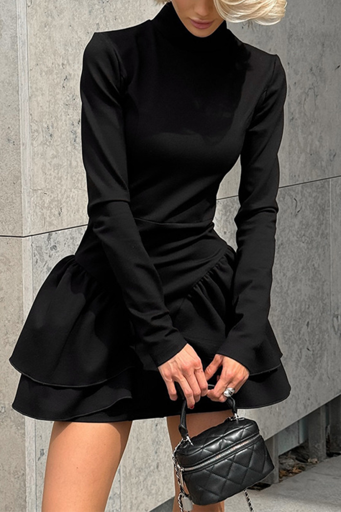 Casual Patchwork Ruffle Zipper Turtleneck A Line Dresses