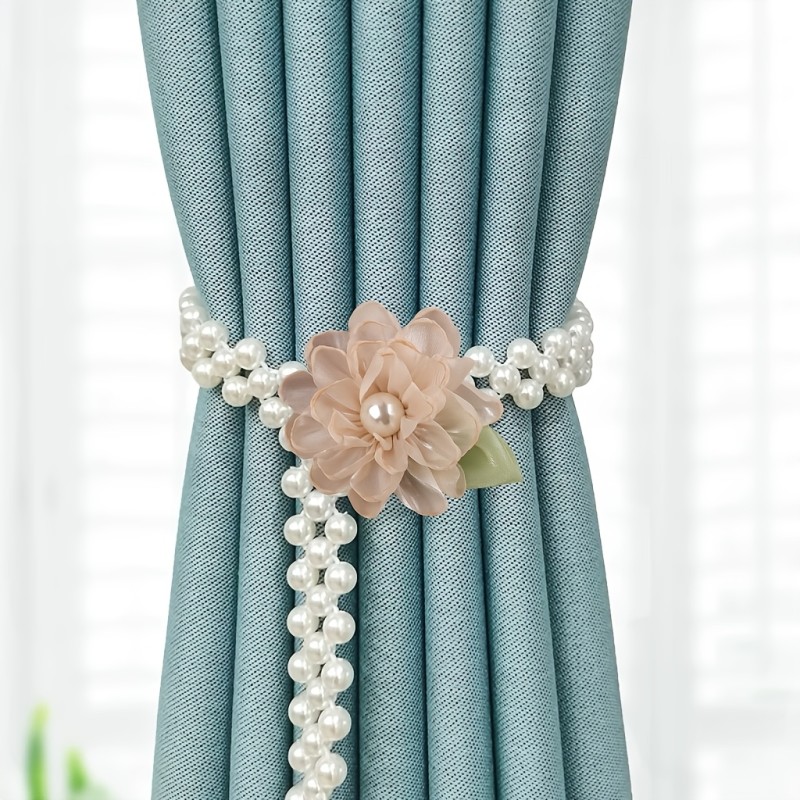2pcs Boho Style Polyester Curtain Tiebacks, Multicolor Floral and Bead Design, No-Tie Window Drapery Accessories for Living Room and Bedroom