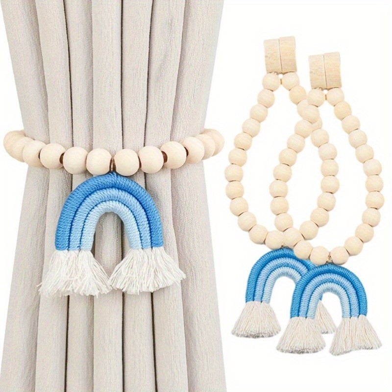 2pcs Boho Style Wooden Bead Curtain Tiebacks with Tassels, Magnetic Buckle for Home Living Room Bedroom Window Treatment Decor
