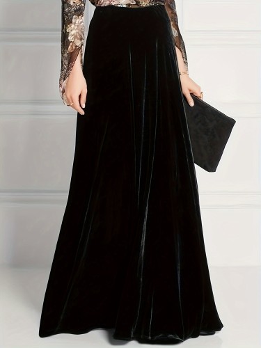 Vintage High-Waist Velvet Maxi Skirt for Women - Solid Color, Knit Fabric, Perfect for All Seasons