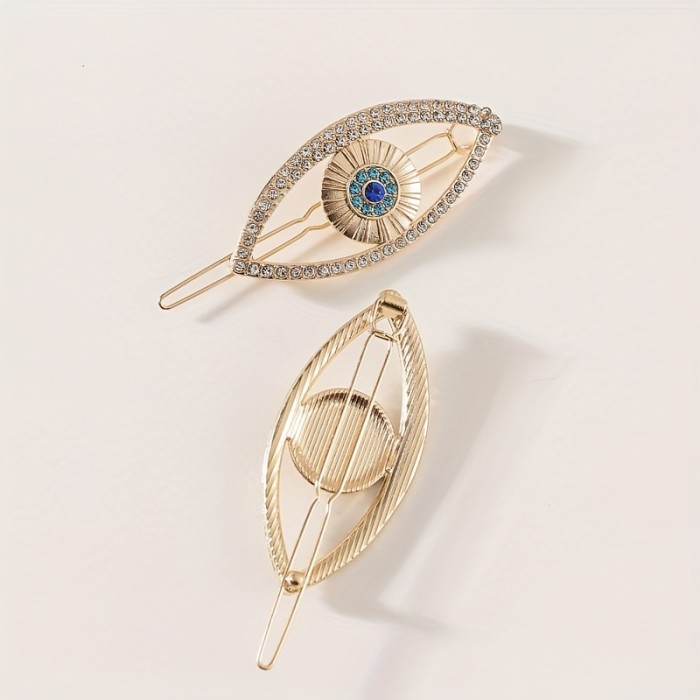 2pcs Evil Eye Design Hair Clip Rhinestone Decor Hair Pin Bohemia Style Headwear Hair Styling Accessories