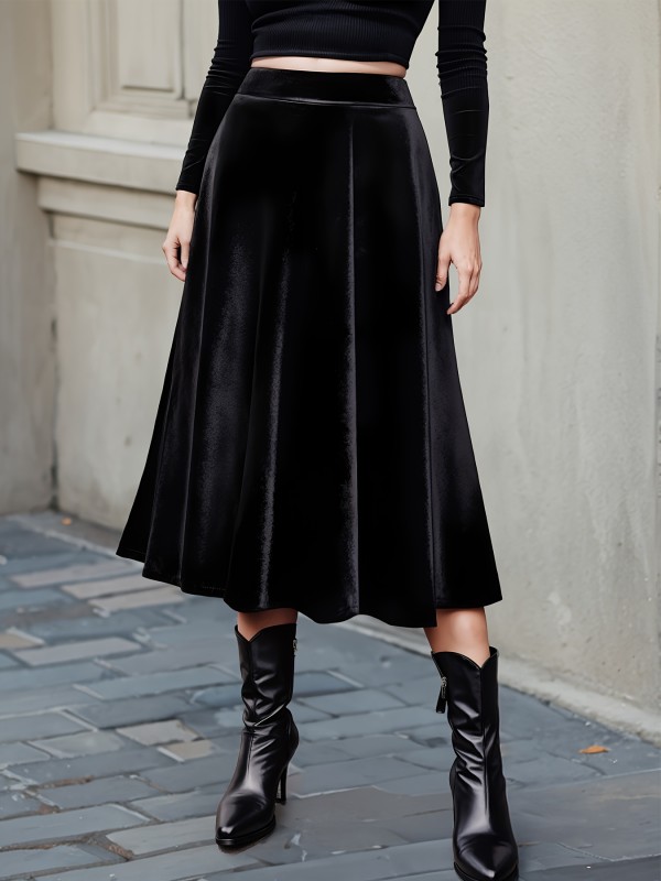 Plus Size Velvet Swing Midi Skirt - Elegant High Waist Skirt for Spring & Summer - Flowy, Comfortable, and Chic Women's Plus Size Clothing for Curvy Figures