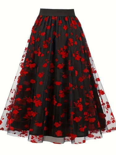 Elegant High-Waist Floral Mesh Overlay Skirt for Women - Black with Red Flowers, A-Line Silhouette, Lightweight & Flowy, Machine Washable, Perfect for All Seasons