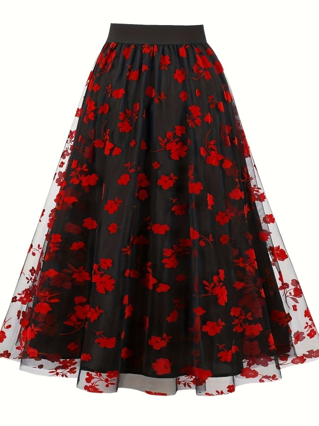 Elegant High-Waist Floral Mesh Overlay Skirt for Women - Black with Red Flowers, A-Line Silhouette, Lightweight & Flowy, Machine Washable, Perfect for All Seasons