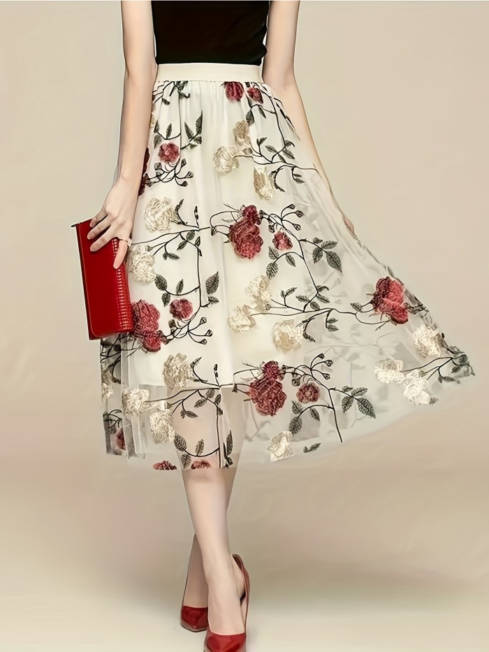 Plus Size Elegant Floral Embroidery Straight Skirt - Semi-Sheer, Non-Stretch, Customized, Machine Washable, Perfect for Spring, Summer, and Fall - Womens Plus Size Clothing for a Chic Look