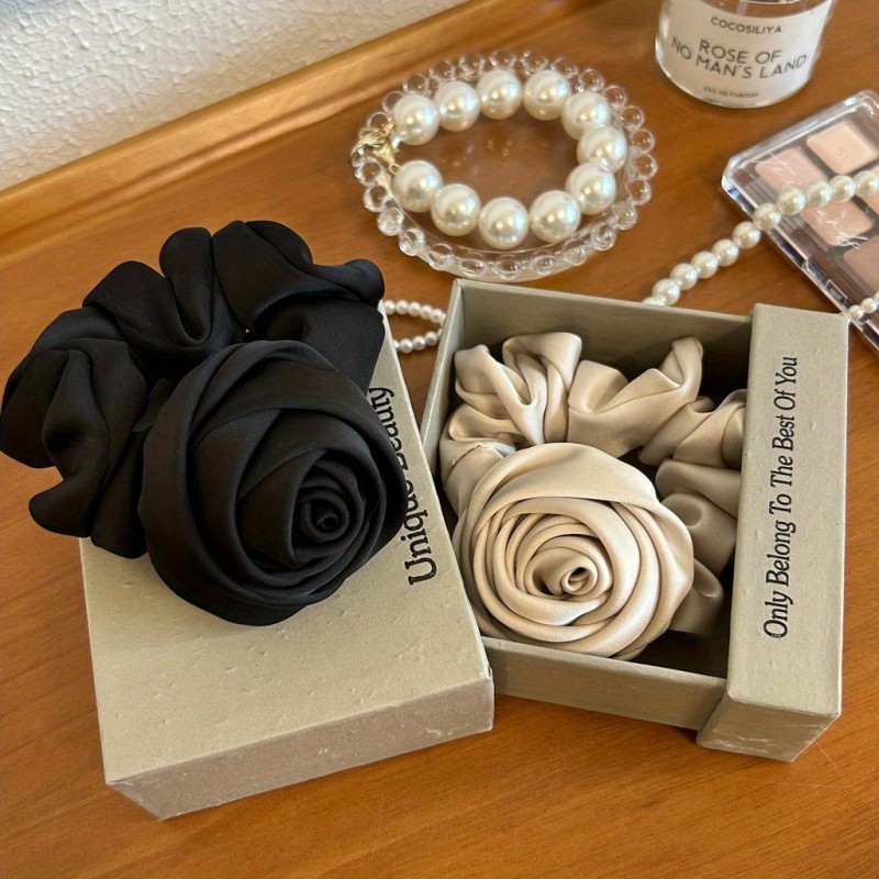 Elegant Satin Rose Hair Tie for Women - Imitation Silk Floral Scrunchie, High Elasticity Hair Band, Sweet & Elegant Style, Single Piece, Suitable for Ages 14 & Up