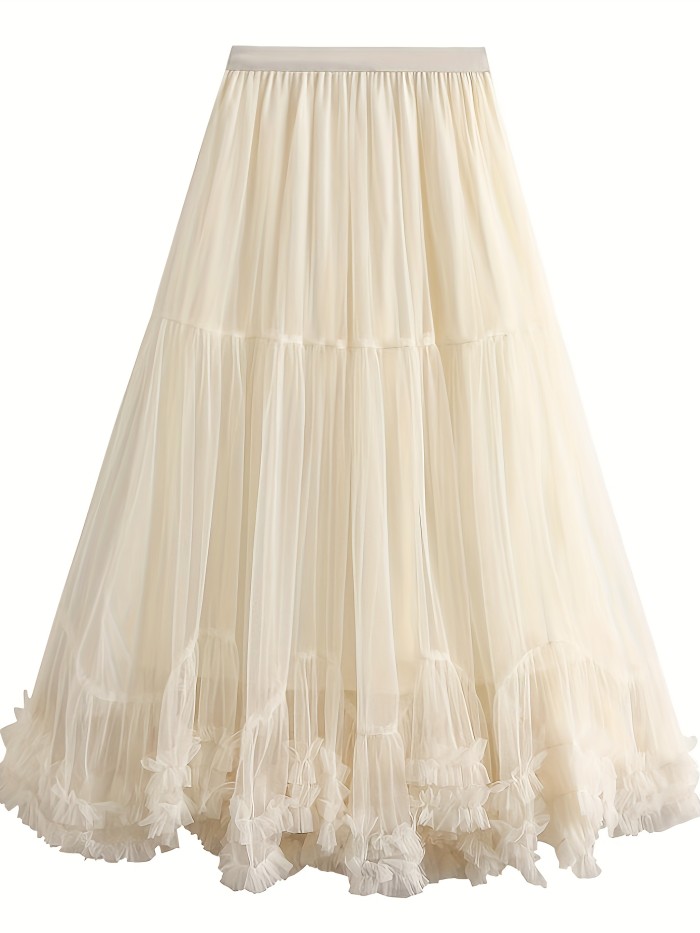 Elegant High-Waist Slimming Mesh Skirt - Loose Fit A-Line with Layered Ruffles, Machine Washable - Perfect for All Seasons