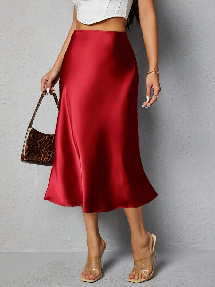 Elegant High-Waist Satin Skirt - Solid Color, Machine Washable, Perfect for Spring\u002FSummer\u002FFall, Half-length