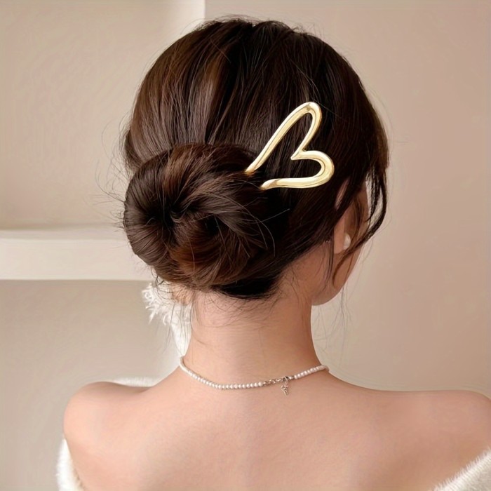 Elegant Heart-Shaped U-Shaped Hair Clips for Women - 1\u002F2pcs, Golden & Silvery Alloy, Perfect for Long Hair, Ideal Christmas Gift