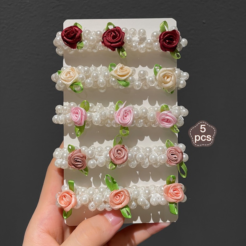 5PCS Vintage Elegant Floral Hair Ties Set for Women - Imitation Pearl & Resin Flower Hair Rings Elastic Bands - Polyresin, High Elasticity, Color Matching for Ages 14+