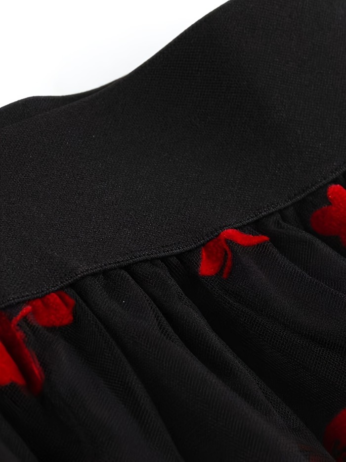 Elegant High-Waist Floral Mesh Overlay Skirt for Women - Black with Red Flowers, A-Line Silhouette, Lightweight & Flowy, Machine Washable, Perfect for All Seasons