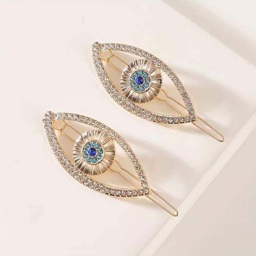 2pcs Evil Eye Design Hair Clip Rhinestone Decor Hair Pin Bohemia Style Headwear Hair Styling Accessories