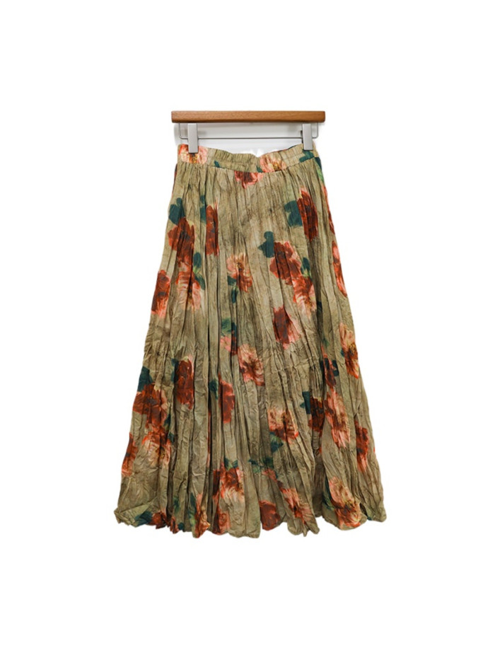 Elegant Vintage Rose Print Maxi Skirt for Women - Boho Chic, High Waist, Flowy Swing Design with Ruffled Hem, Lightweight Polyester, Perfect for Spring\u002FSummer
