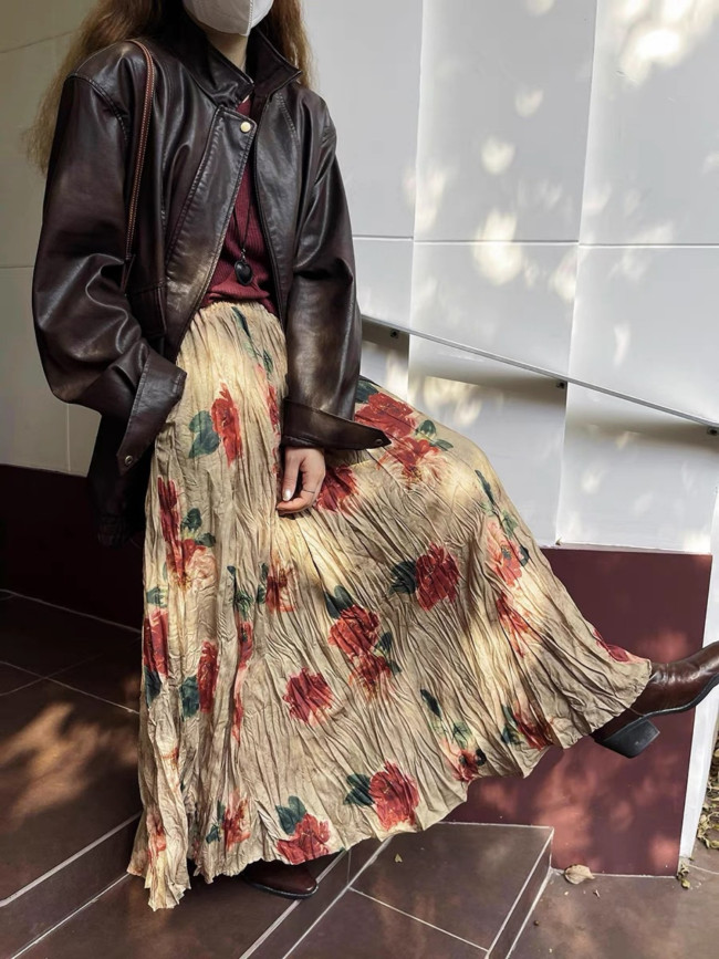 Elegant Vintage Rose Print Maxi Skirt for Women - Boho Chic, High Waist, Flowy Swing Design with Ruffled Hem, Lightweight Polyester, Perfect for Spring\u002FSummer