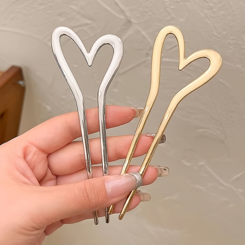 Elegant Heart-Shaped U-Shaped Hair Clips for Women - 1\u002F2pcs, Golden & Silvery Alloy, Perfect for Long Hair, Ideal Christmas Gift