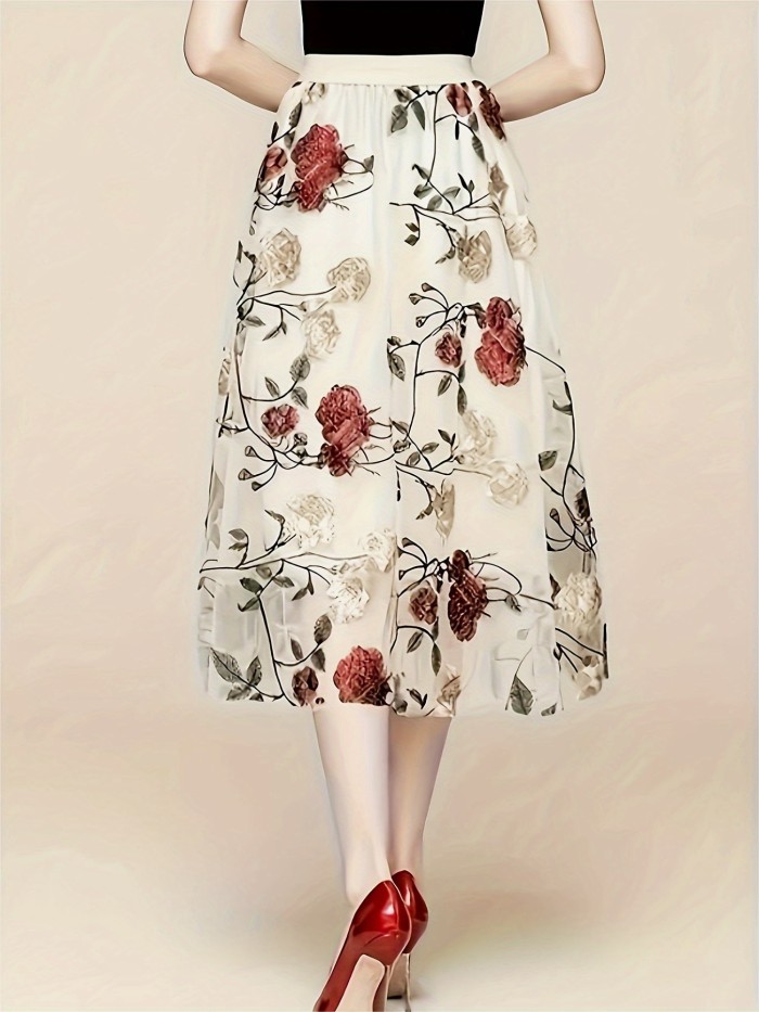 Plus Size Elegant Floral Embroidery Straight Skirt - Semi-Sheer, Non-Stretch, Customized, Machine Washable, Perfect for Spring, Summer, and Fall - Womens Plus Size Clothing for a Chic Look