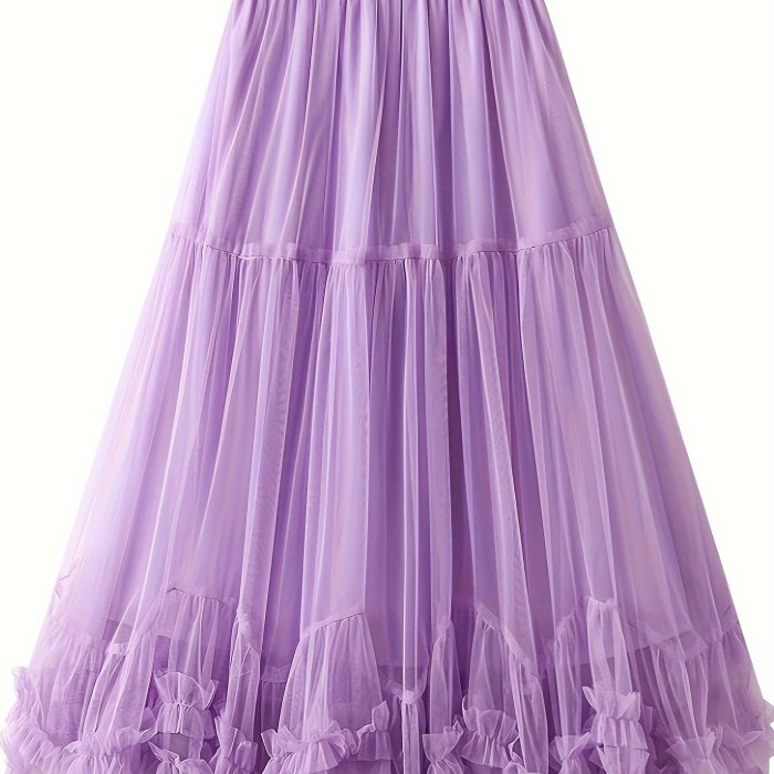 Elegant High-Waist Slimming Mesh Skirt - Loose Fit A-Line with Layered Ruffles, Machine Washable - Perfect for All Seasons