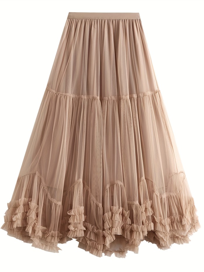 Elegant High-Waist Slimming Mesh Skirt - Loose Fit A-Line with Layered Ruffles, Machine Washable - Perfect for All Seasons