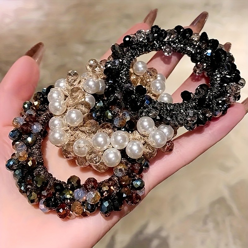 1\u002F3pcs Korean Internet Celebrity Temperament Head Rope Pearl Crystal Hair Ring, Women's Simple And Versatile Ponytail Leather Band Ball Hair Ring