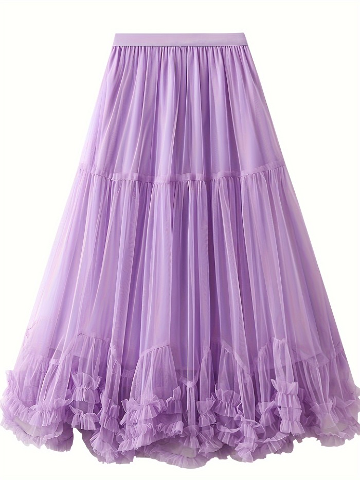Elegant High-Waist Slimming Mesh Skirt - Loose Fit A-Line with Layered Ruffles, Machine Washable - Perfect for All Seasons