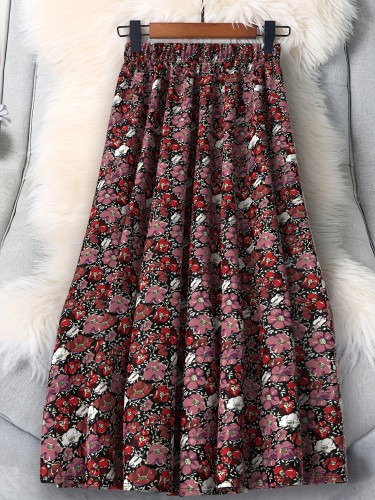 Elegant Women's Floral Midi Skirt - Lightweight Polyester, Elastic Waistband, Vibrant Red & Pink Flowers Design - Perfect for Spring & Summer Vacations, Machine Washable, Everyday Elegance|High-Waisted Skirt|Machine Washable Skirt, Plus Size Skirts