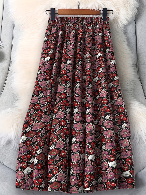 Elegant Women's Floral Midi Skirt - Lightweight Polyester, Elastic Waistband, Vibrant Red & Pink Flowers Design - Perfect for Spring & Summer Vacations, Machine Washable, Everyday Elegance|High-Waisted Skirt|Machine Washable Skirt, Plus Size Skirts